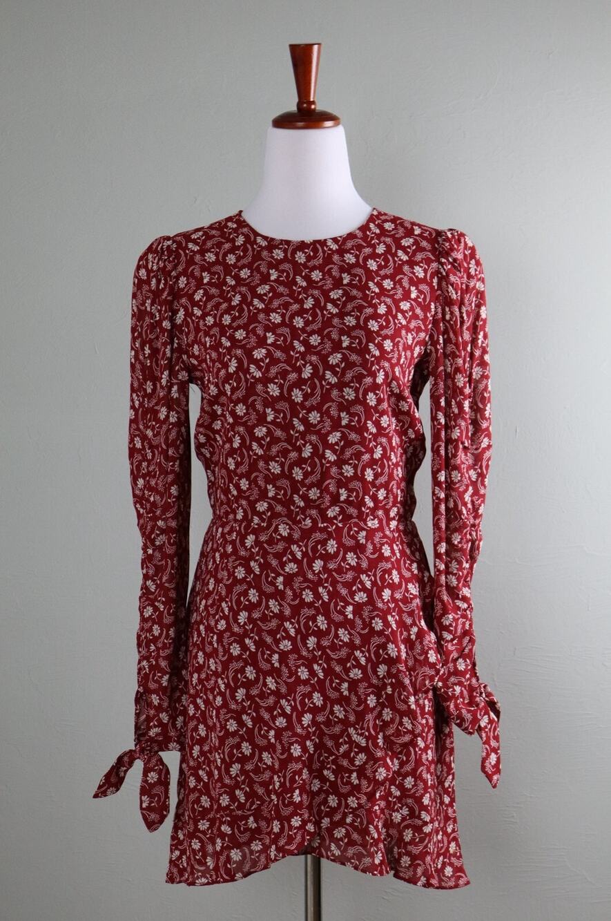 REFORMATION $178 Crepe Red White Floral Shirred Faux Wrap Ruffle Dress Size 4